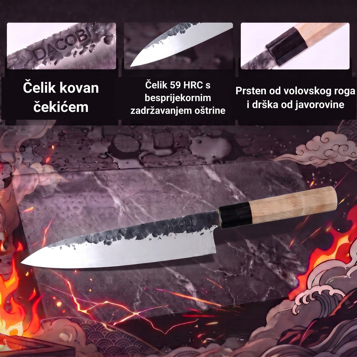 Infografika s glavnim karakteristikama profesionalnog Gyuto noža Tsuchime
