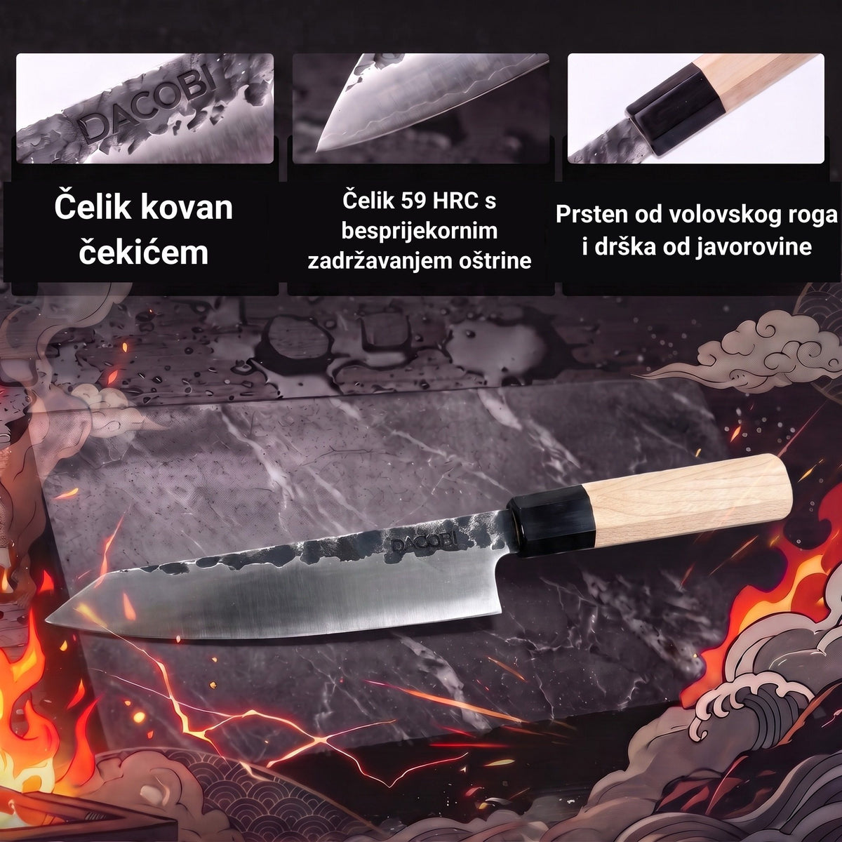Infografika s glavnim karakteristikama profesionalnog Honesuki noža Tsuchime