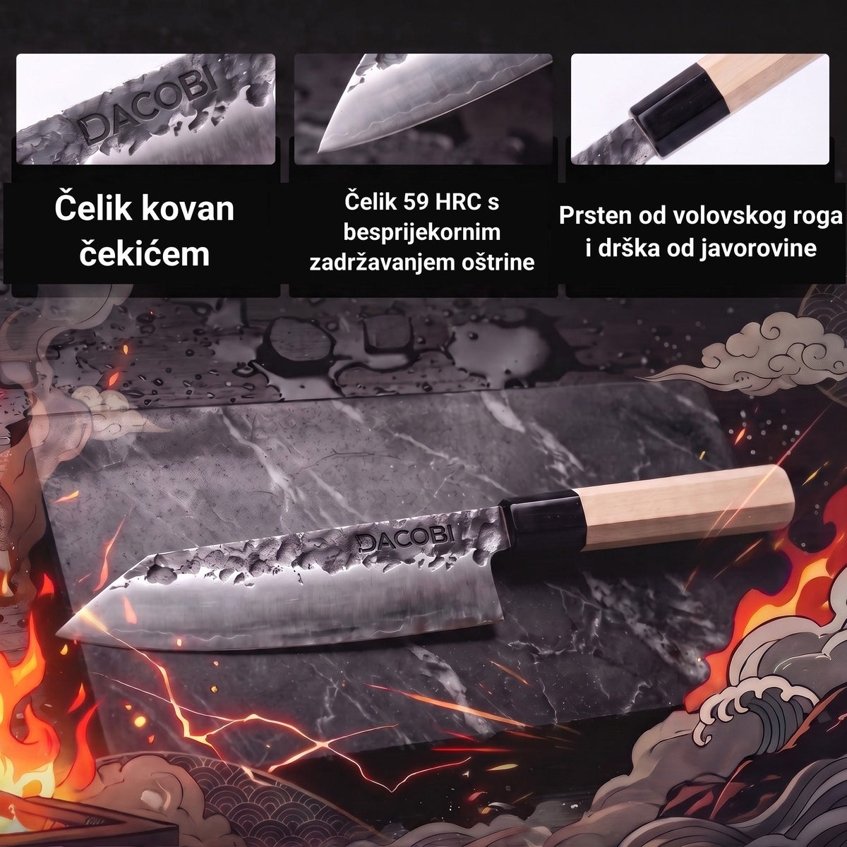 Infografika s glavnim karakteristikama profesionalnog Kiritsuke noža Tsuchime