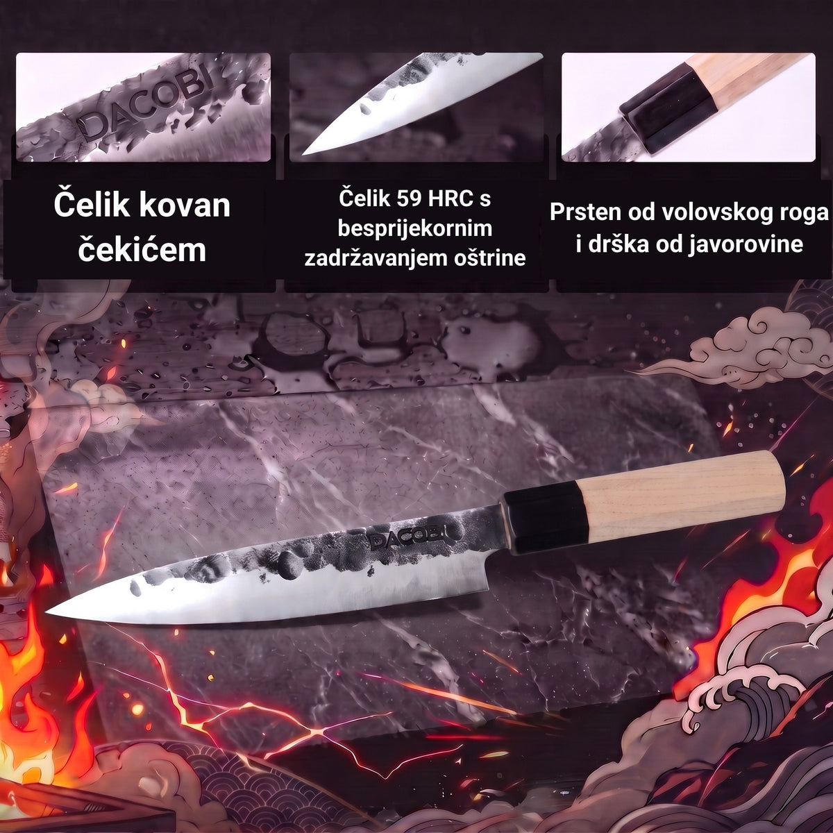 Infografika s glavnim karakteristikama profesionalnog univerzalnog noža Tsuchime